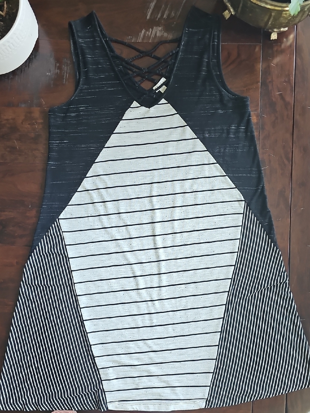 Spense Black and White Striped Crisscross Tank Dress